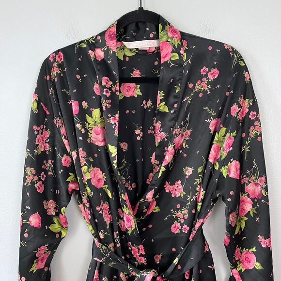 Victoria's Secret Y2K Satin Robe Black Floral Kimono Waist Tie Pink VTG One Size - Picture 2 of 13